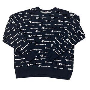 Champion Navy Blue All Over Logo Print Sweatshirt XL 54% Cotton 46% Polyester